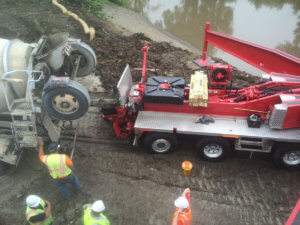 Construction crews prepare for a cement pour.