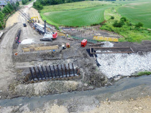 An aerial view of the Booneville slab bridge construction site.