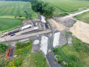 An aerial view of the slab bridge construction site in Booneville.